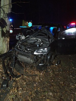 Z místa nehody, auto narazilo do stromu.