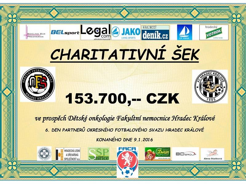 Charitativní šek ve výši 153 700 Kč ze Dne partnerů OFS Hradec Králové 2016.