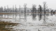 První povodňový stupeň platí na řece Cidlině na královehradecku. Zaplavené louky v okolí Nového Bydžova.