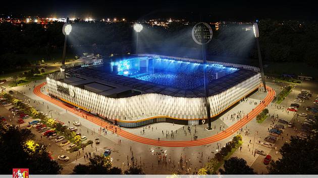 Vizualizace nového fotbalového stadionu v Hradci Králové. Opláštění nakonec bude více transparentní.