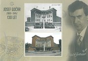 Architekt Josef Gočár a porovnávací fotografie gymnázia po roce 1928 a v současnosti.