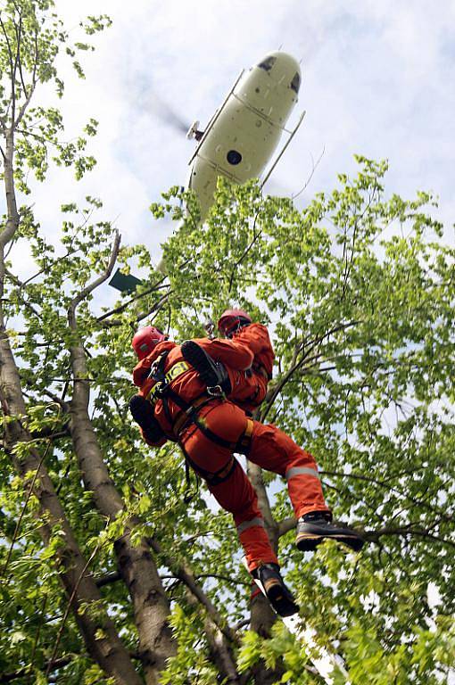 Zkouška záchranářů nanečisto: V závěsu na laně se snažil speciální tým šesti hasičů pomoci paraglidistovi zaklíněnému v koruně stromu. 