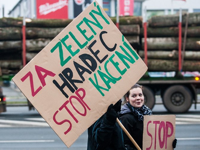 Demonstrace před Povodím Labe proti kácení stromů podél řeky Orlice v Hradci Králové.