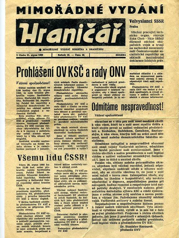 Mimořádné vydání chebské Hraničáře a Roháčku z 21. srpna 1968 - titulní strana