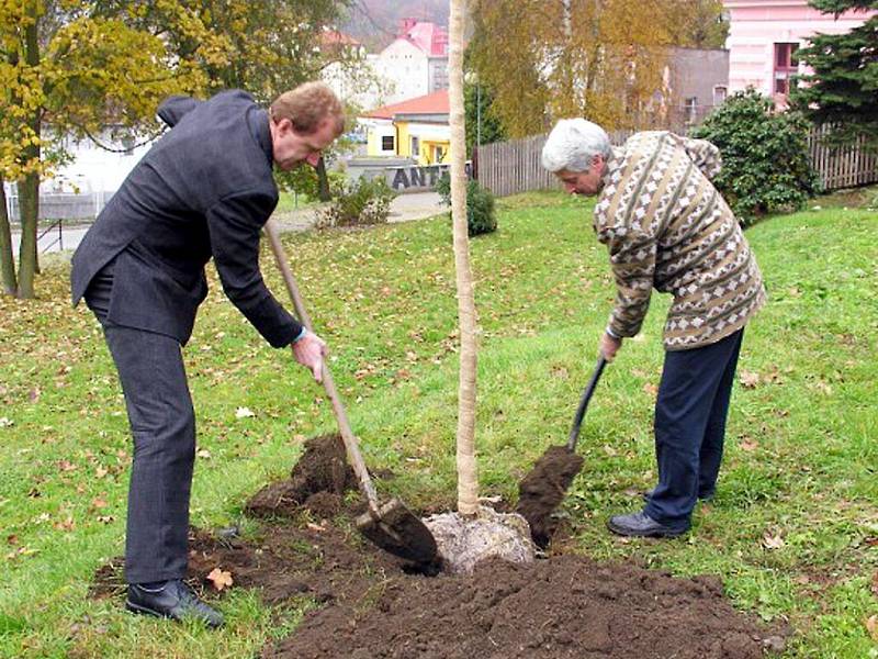 VEDOUCÍ MUŽI z ašské radnice – starosta Dalibor Blažek (vpravo) a místostarosta Pavel Klepáček zasadili první strom do nového parku. Místo je zatím bezejmenné. 
