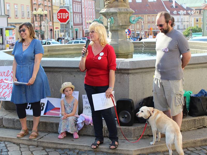 Na chebském náměstí Krále Jiřího z Poděbrad protestovala proti Andreji Babišovi zhruba stovka demonstrujících.