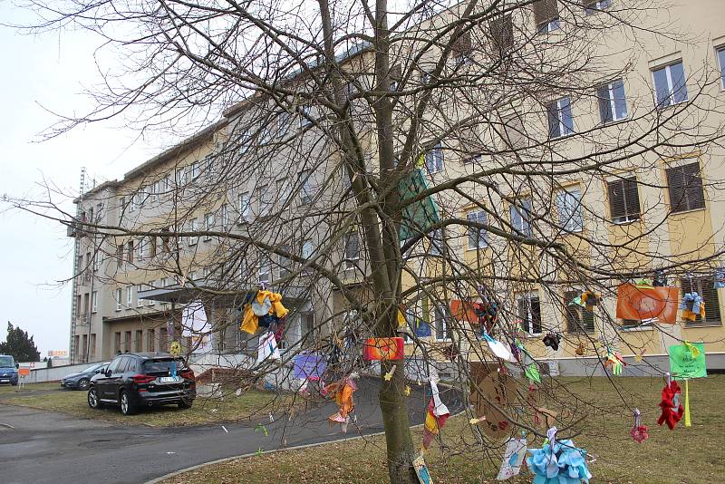 Dobrovolníci ozdobili v areálu chebské nemocnice strom vzkazy pro vyčerpané zdravotníky.