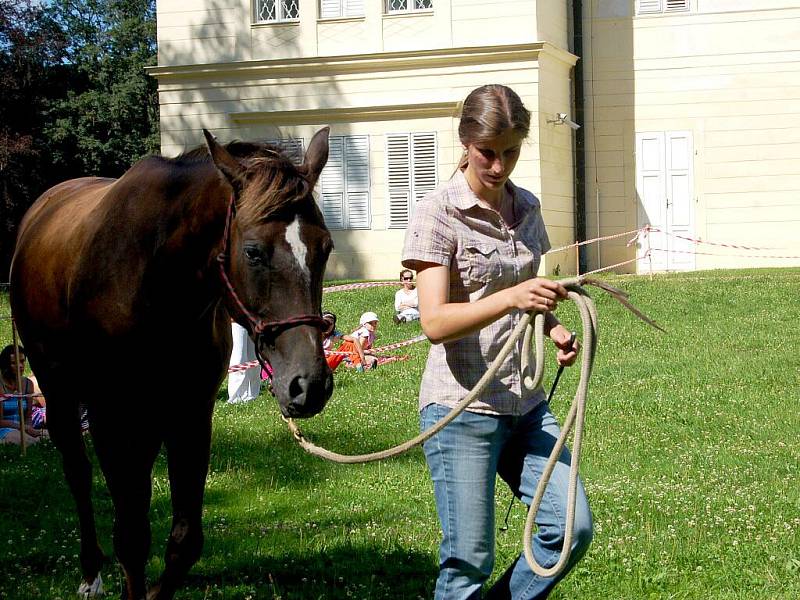 Metodu přirozené komunikace s koněm neboli horsemanship přiblížila v sobotu návštěvníkům kynžvartského zámeckého parku dvaadvacetiletá Dana Kortusová z Březové u Sokolova (na snímku).