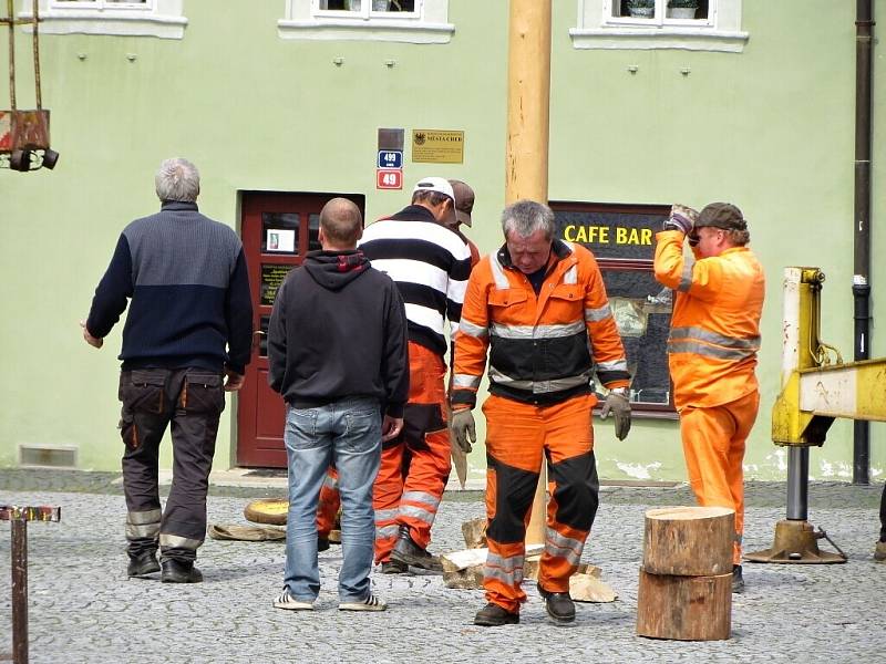 Pracovníci chebského infocentra a Chebských technických služeb postavili májku na chebském náměstí. 