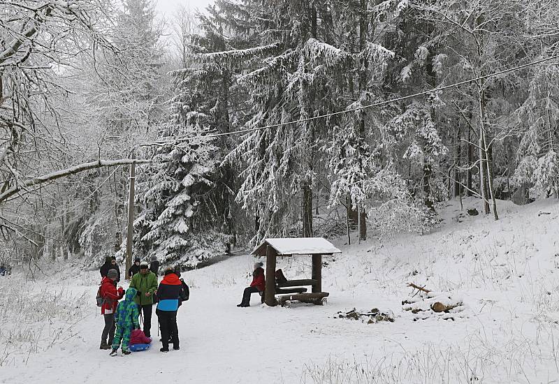 Na Nový rok vyrazili lidé na Podhorní vrch. Na zasněžené louce se někteří svezli na saních.