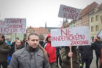 Transparenty, více jak dvě stovky demonstrujících, velká nespokojenost s vládními opatřeními a stálými restrikcemi v době koronavirové pandemie přiměla protestující na Chebsku uspořádat další vlnu demonstrací.