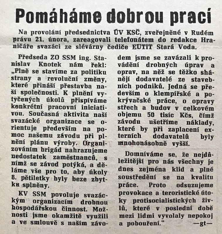 Tyto články si lidé mohli přečíst v Hraničáři, který vyšel 28. února 1989.