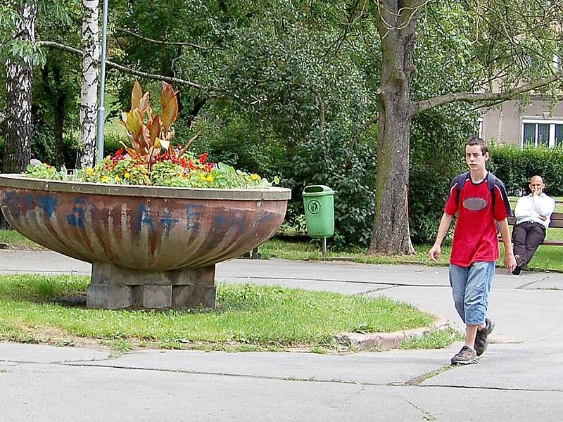 Květiny v kašně uprostřed parku Míru jsou neustále terčem vandalů.