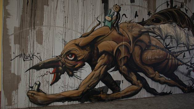 ZAJÍMAVÁ graffiti jsou k vidění také v garážích chebského obchodního centra Interspar. 