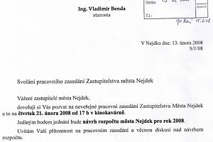 Pozvánka na pracovní zasedání zastupitelstva města Nejdek.