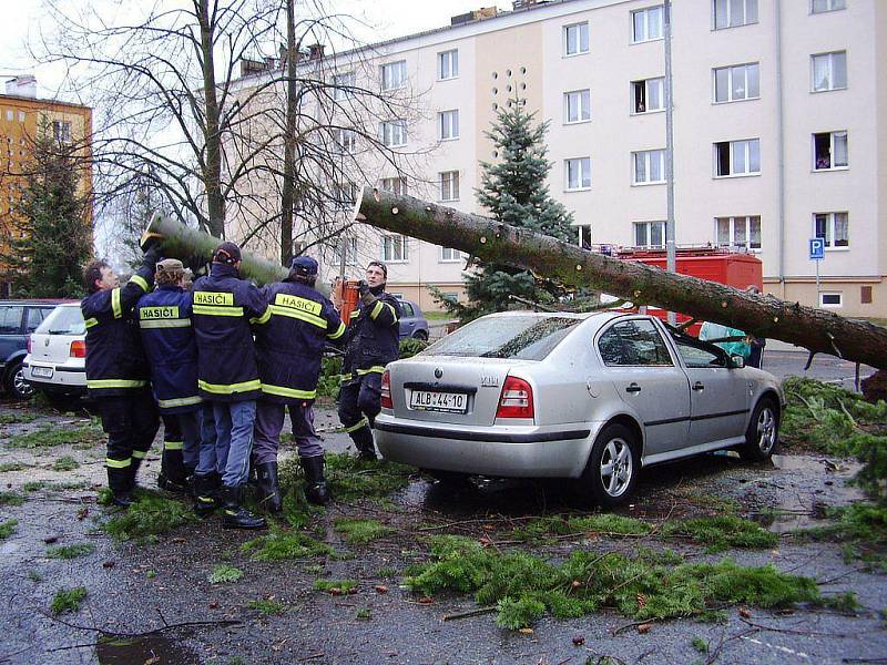 Hasiči rozřezávají padlý strom.