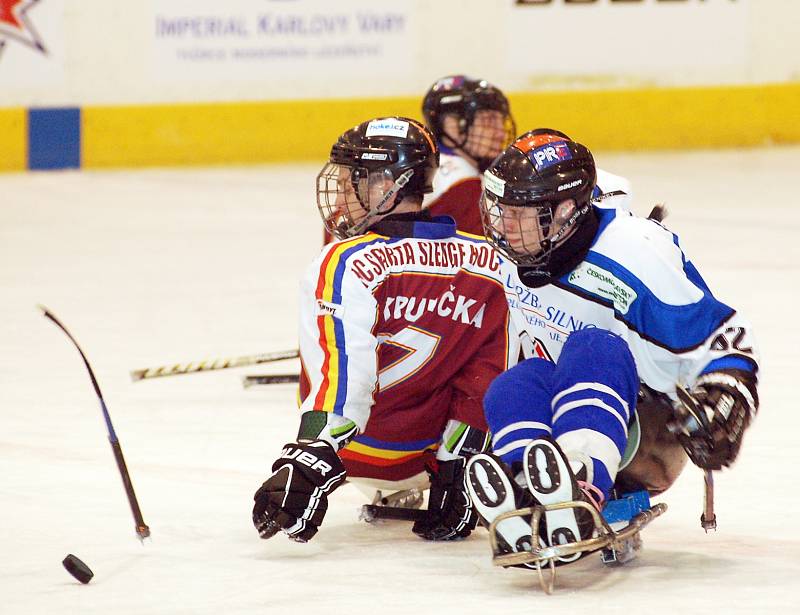 Žraloci (v bílém) vyhráli i druhé finálové utkání nad Spartou Praha a usedli tak na mistrovský sledge hokejový trůn.