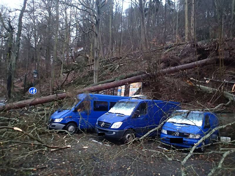 Auta poškozená stromy v Karlových Varech a ve Františkových Lázních.