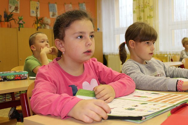 Žáci první třídy Základní školy v Dalovicích s paní učitelkou Blankou Dietlovou.