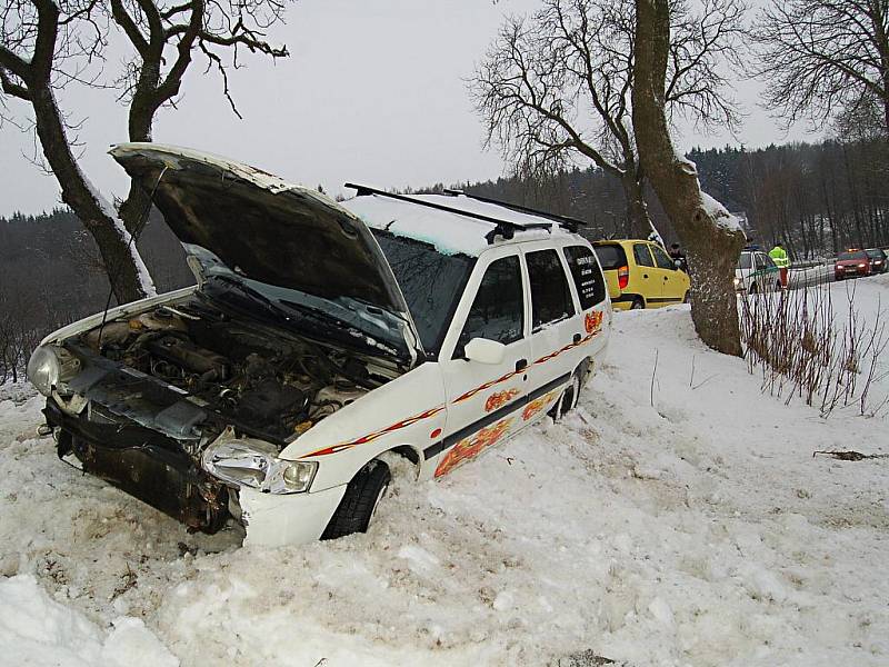 Čtvrtek 4. února 2010. Autohenoda na silnici mezi Otovicemi a Podlesím.