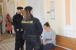 Matka, která útočila na své dvě malé děti nožem, u Okresního soudu v Karlových Varech. Ten rozhodl o uvalení vazby.