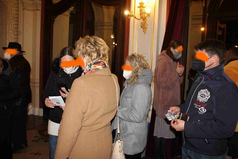 V rámci druhého kontrolního dne zavítali hygienici za asistence policistů také do Městského divadla v Karlových Varech. Tváře všech zúčastněných kromě zaměstnankyň divadla jsou záměrně rozmazané.