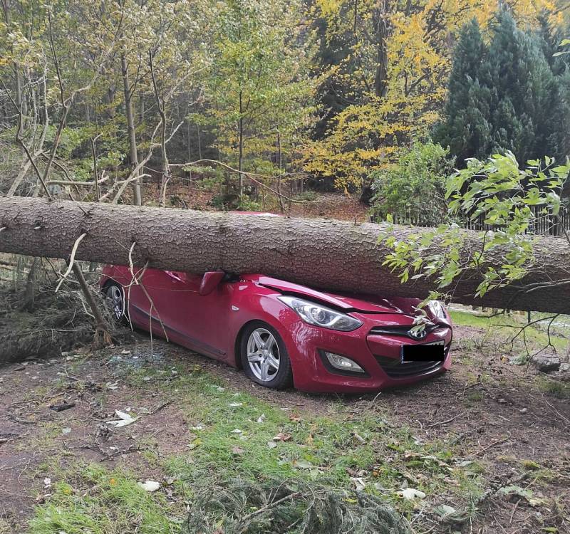 Ze zásahu hasičů. Vítr ve čtvrtek lámal stromy, ničil střechy...