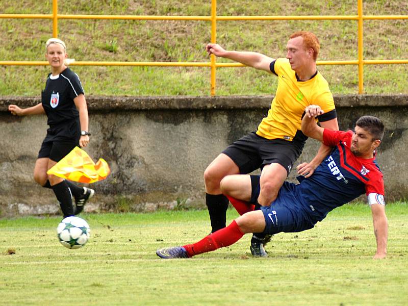 Olympie Březová (ve žluto-černém) si poradila se Soběslaví poměrem 6:1.