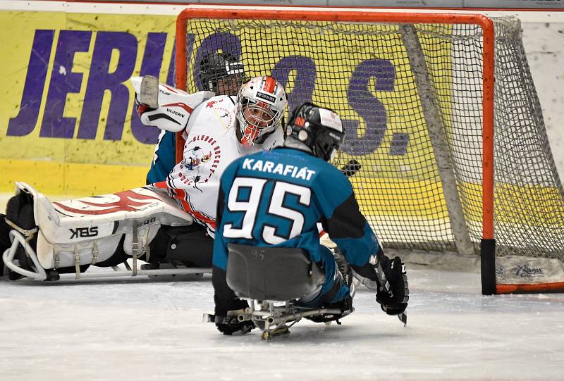 O víkendu si hráči karlovarského SKV Sharks (v modrém) připsali na konto výhru 4:0 nad Olomoucí, k tomu pak přidali prohru s Pardubicemi 4:6.