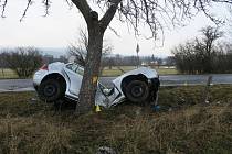 Dopravní nehoda u Ostrova, při které auto narazilo do stromu.