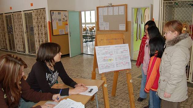 POMOHLY. Markéta Šuchová a Pavlína Babeková (zleva) vysvětlovaly návštěvníkům, co mohou ve škole vidět.