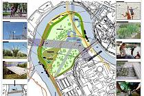 Plán parku, který Karlovy Vary vybudují v meandru řeky Ohře.