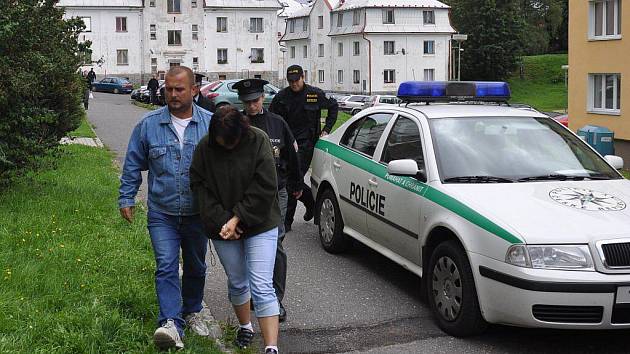 Ve středu 1. září prováděli policisté na sídlišti v Nejdku rekonstrukci pokusu o vraždu - otravu Fridexem. Láhev s Fridexem žena vyhodila do zeleného kontejneru. Žena obviněná z vraždy v tmavozelené bundě.