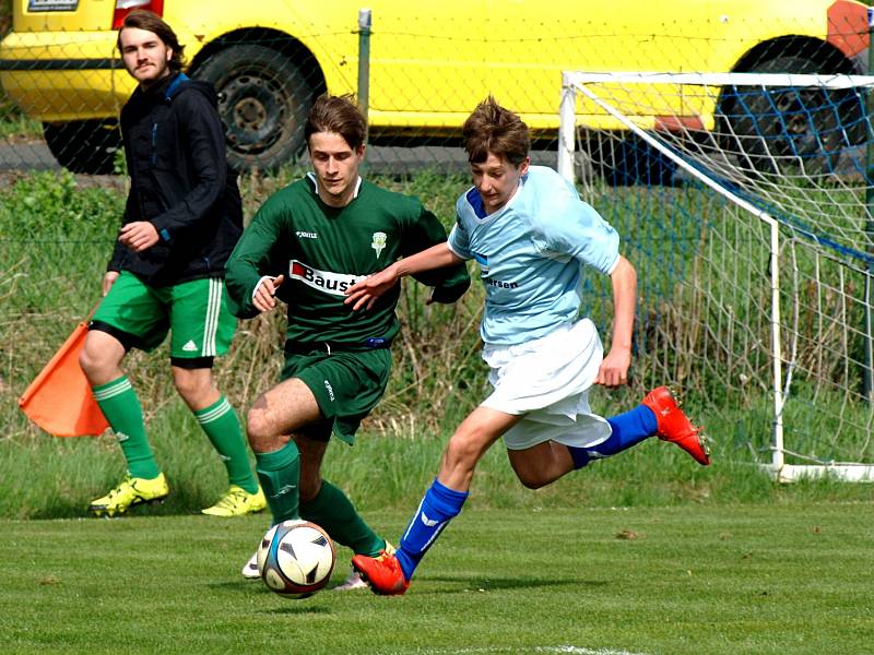 Lídr tabulky krajského přeboru dorostenců 1.FC Karlovy Vary/Lokomotiva Karlovy Vary (v zeleném) si to o další body rozdal s dorostenci Ostrova/Nejdku. Domácí jedenáctka Ostrova nakonec vyhrála po brankách Ahselma a Schlossera 2:1. Za hosty se prosadil Gab