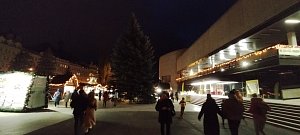 Letošní vánoční strom opět stojí před hotelem Thermal.