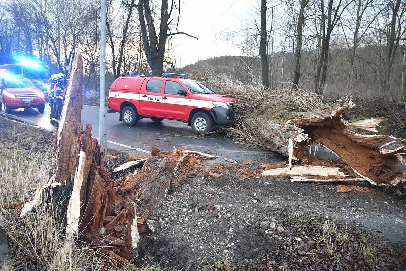 V Karlových Varech havarovalo velitelské auto hasičů, které jelo k zásahu. Narazilo do stromu, který spadl přímo před něj.