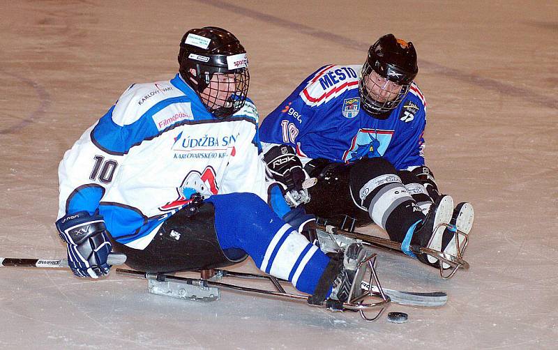 Ve druhém dvoukole sledgehokejové ligy nestačili karlovarští Sharks (v bílém) na Kolín (v modrém), kterému podlehli 3:4. Ve druhém duelu pak přejeli Budějovice v poměru 8:0.