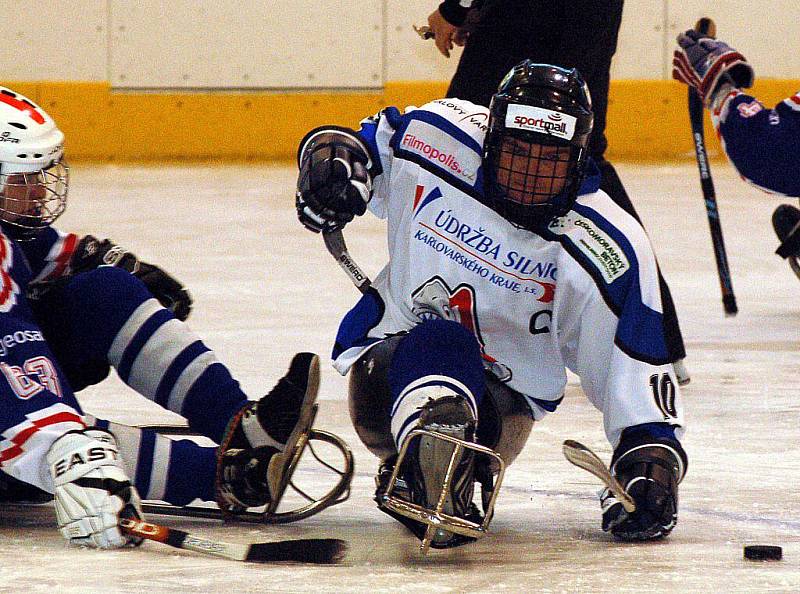 Ve druhém dvoukole sledgehokejové ligy nestačili karlovarští Sharks (v bílém) na Kolín (v modrém), kterému podlehli 3:4. Ve druhém duelu pak přejeli Budějovice v poměru 8:0.