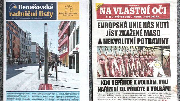 Titulní strany Benešovských radničních listů a novin vložených bez souhlasu města do květnového vydání.
