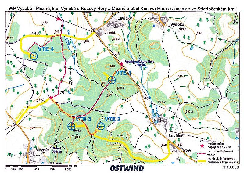 Záměr vybudování větrné farmy u Kosovy Hory - mapka.