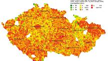 Meziroční změny (2018-2019) v úrovni kupní síly na obyvatele v obcích v % (2018=100).