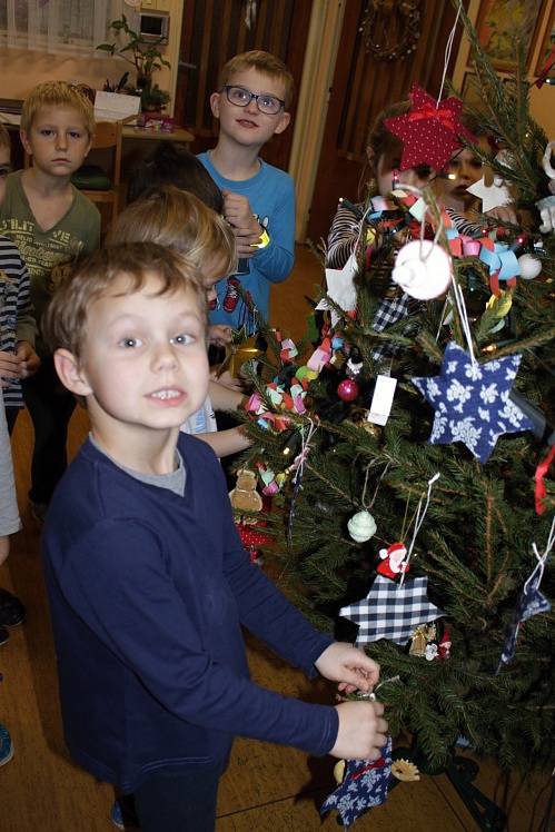 Děti z páté třídy MŠ Týnec si ozdobily vánoční stromek.