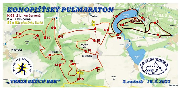 Mapka s vyznačením trasy třetího Konopišťského půlmaratonu.  Foto: SK Benešov žije sportem