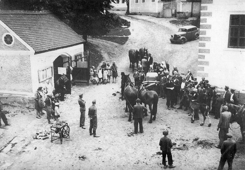 Momentka pořízená tajně ze světlíku Šebánkova statku mohla jejího autora přijít pěkně draho. Snímek dokládá rekvírování koní obyvatelům Nahorub u místní školy. Psal se rok 1942 a také Nahoruby patřily do prostoru SS-Truppenübungsplatz Beneschau.