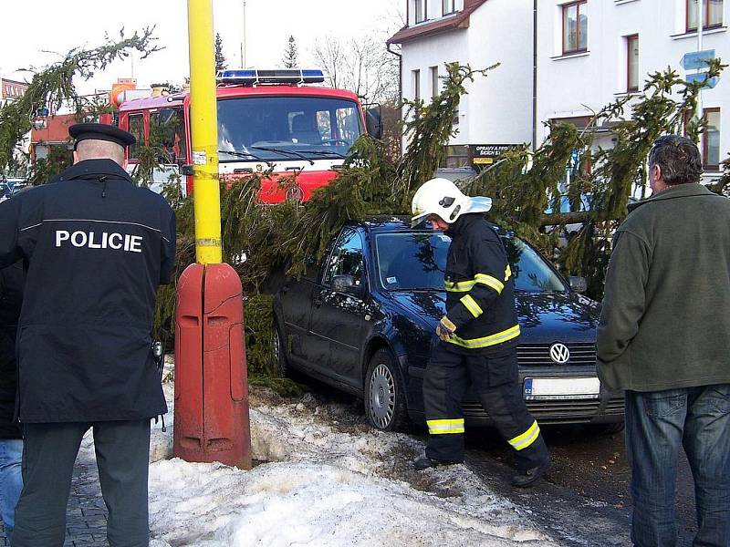 Ve vlašimské Lidické ulici padl dnes, v pondělí 1. března strom na zaparkovaný vůz.