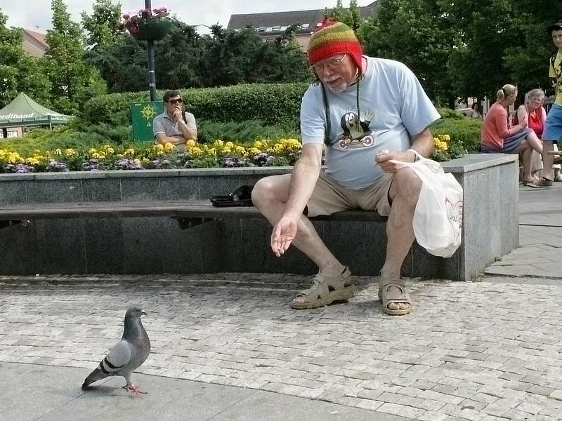 Jaroslav Hanuš si střihnul také roli bezdomovce krmícího ptáčky na Masarykově náměstí v Benešově.