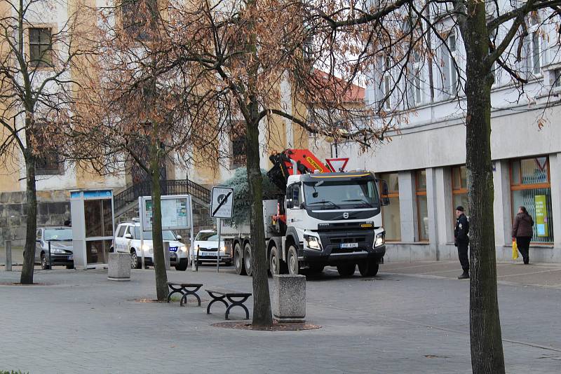 Transport a instalace vánočního stromu na Masarykovo náměstí.