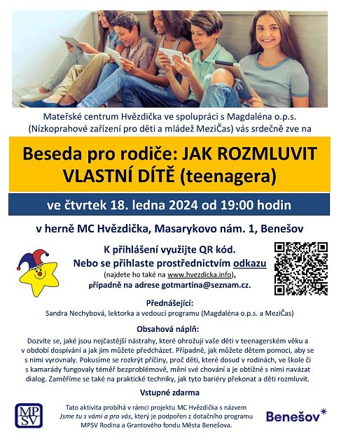 Pozvánka na besedu pro rodiče v herně Mateřského centra Hvězdička v Benešově.
