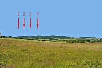 Vizualizace čtyř větrných elektráren Vysoká - Mezné při pohledu od Kvasejovic.