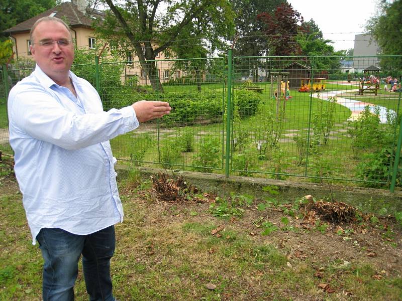 Ředitel MSZ Benešov Petr Kotouč ukazuje, kam přijdou vysadit rychle rostoucí keře. 